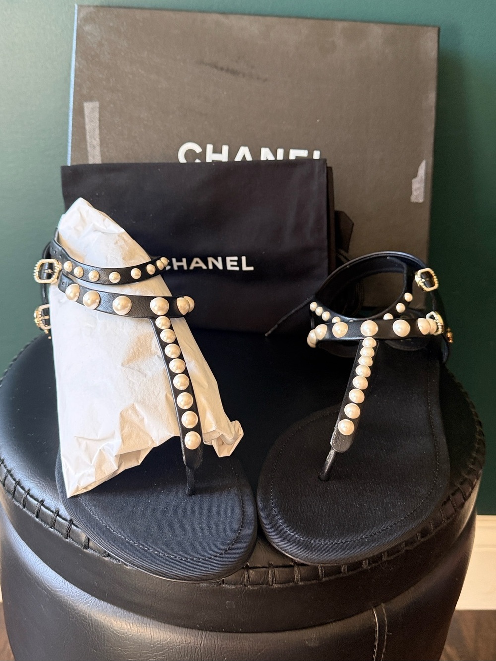 CHANEL 2017 Pearl Embellished T-Strap Sandals Black 39C with Box
